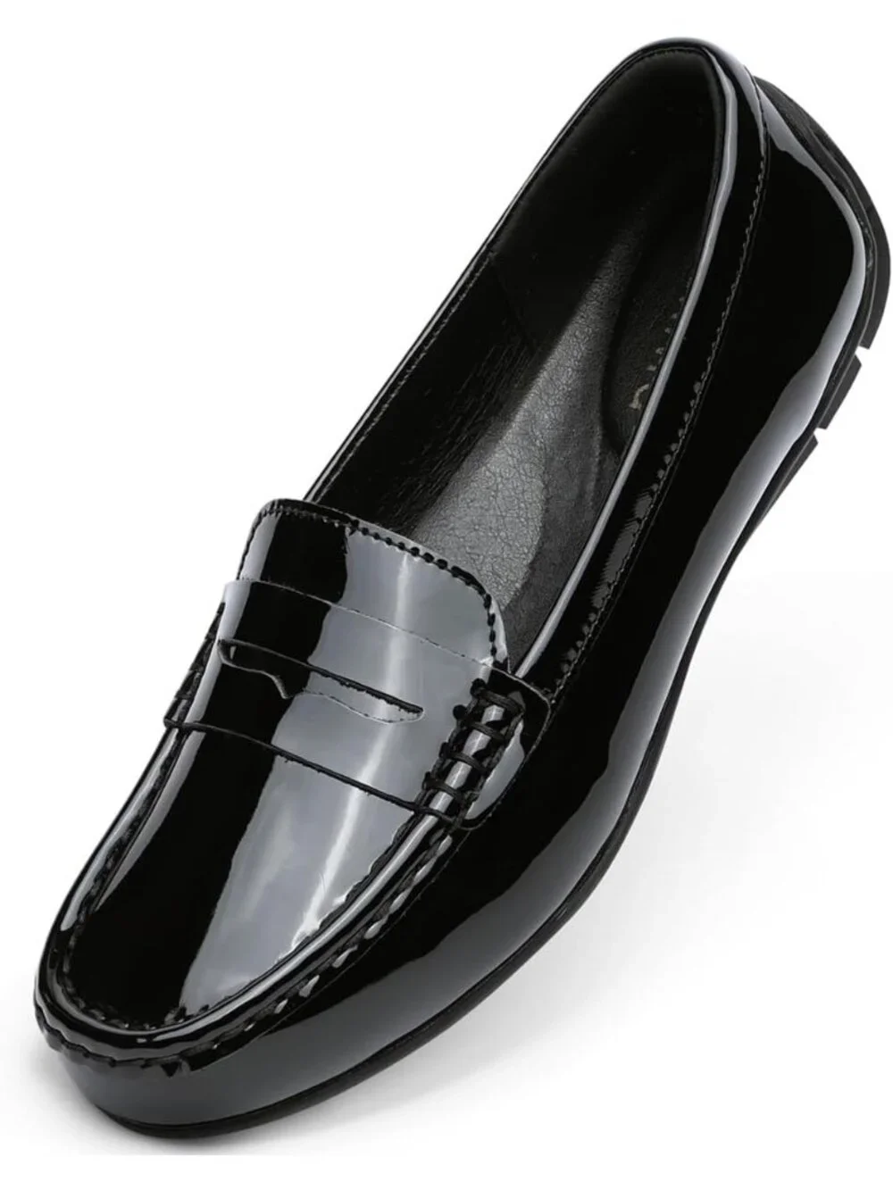 Womens Black Leather Penny Loafers Comfortable Lightweight Slip On Casual Shoes
